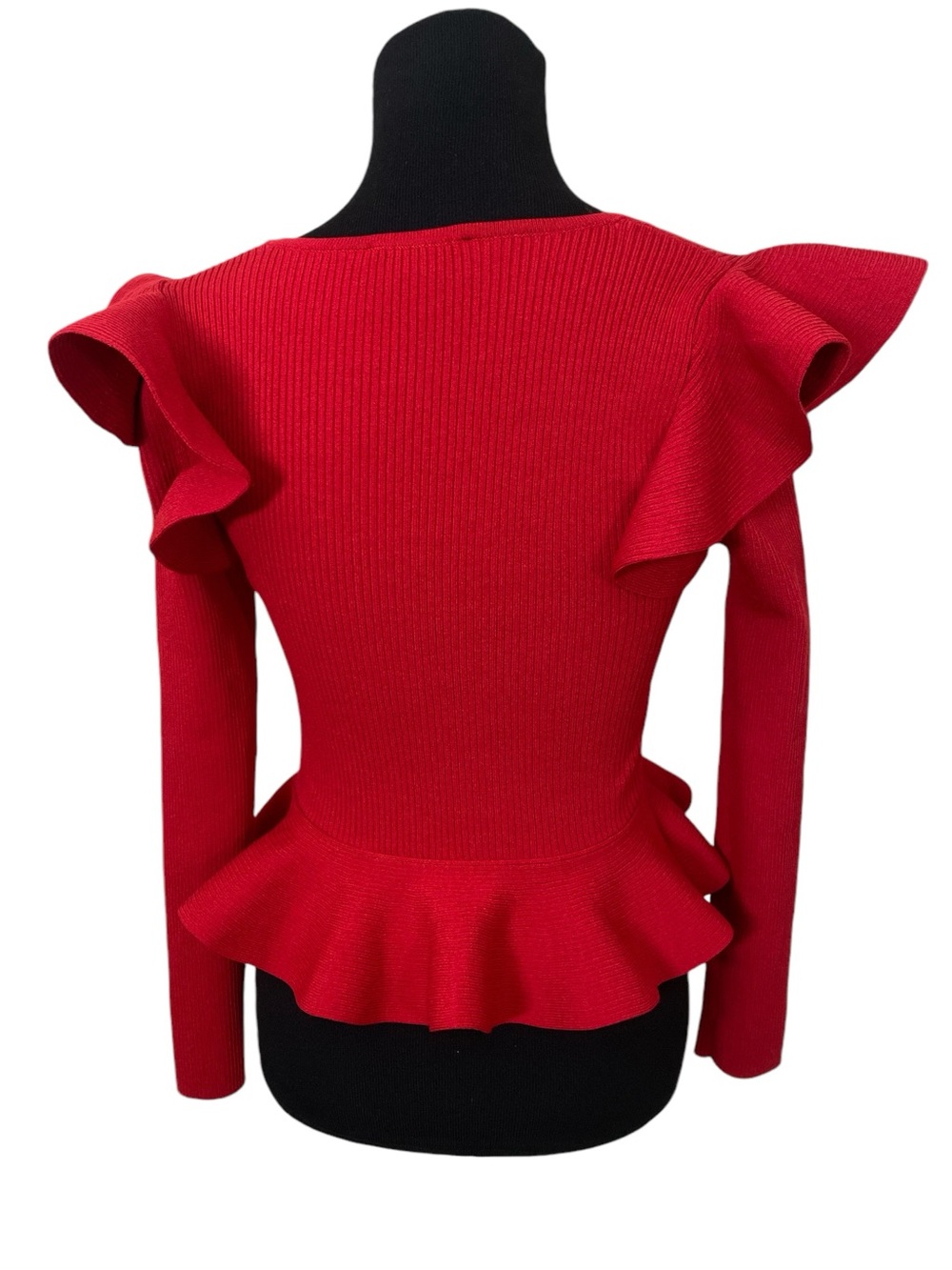 Express Red Ribbed Knit Statement Ruffle Peplum Long-Sleeve Sweater - Picture 3 of 8